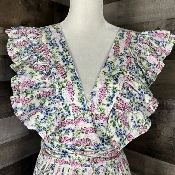 BYTIMO Blue Field Floral Ruffle Midi Wrap Dress Size Medium / NWT - Picture 4 of 16